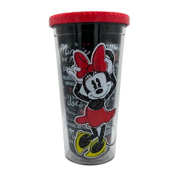 Disney Store Minnie Mouse Tumbler 18oz Graffiti with Straw Red Black White - Picture 1 of 6